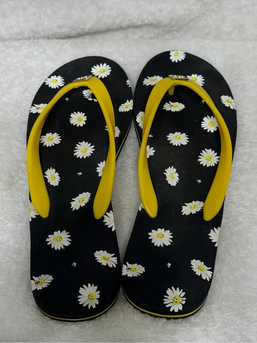 Kate Spade Daisy Print Flip Flops Thongs Sandals Black Yellow Size 10
